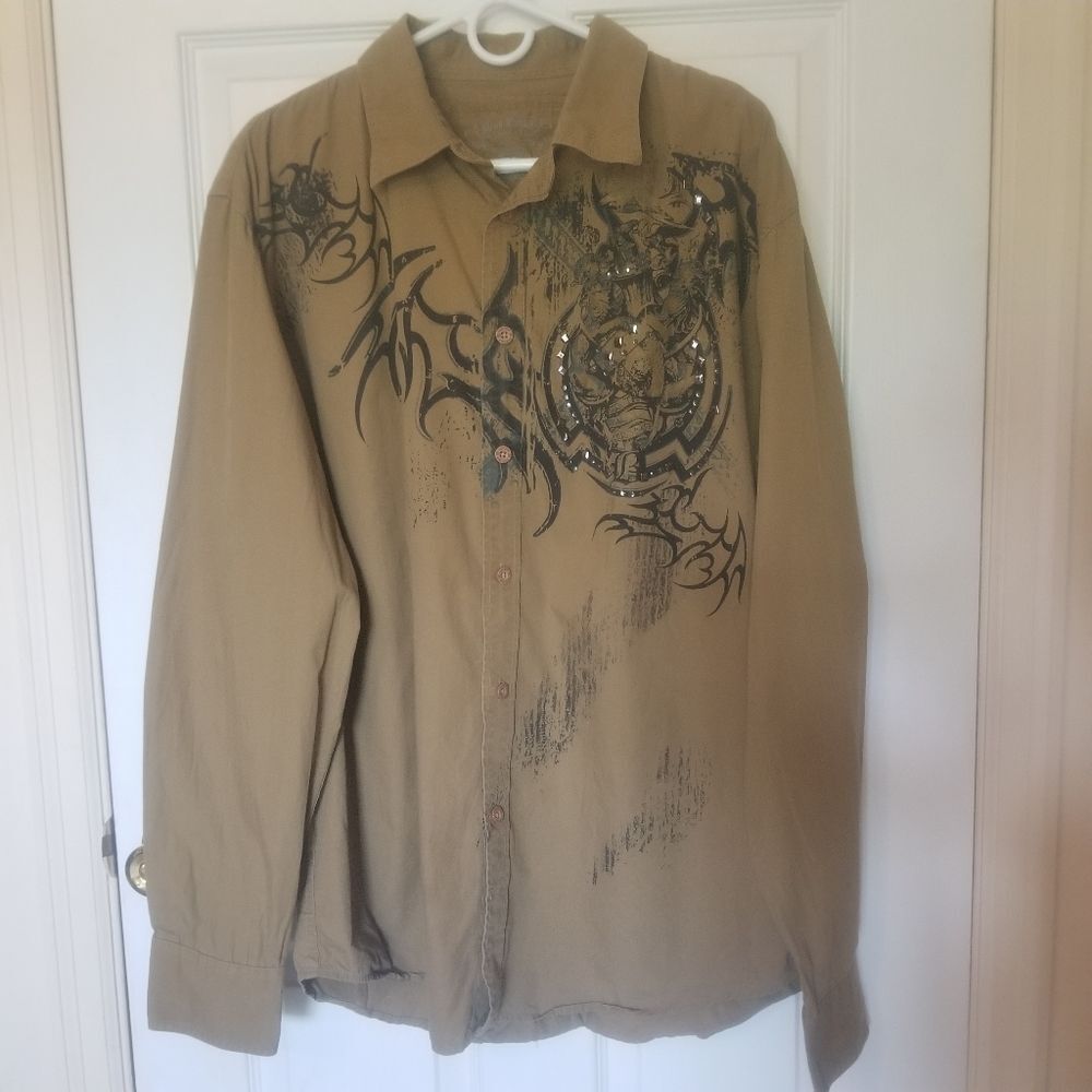 Brad Butter Brown Casual Button Down Tribal Wing Studded Design Size XXLarge